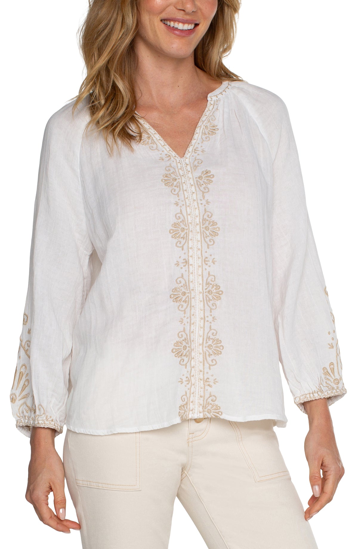 Long Sleeve Embroidered Double Gauze Woven Top LM8B71EE6E05