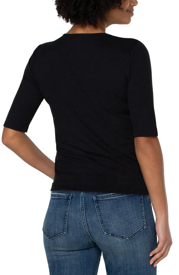 Double Layer V Neck 1/2 Sleeve Rib Knit Top