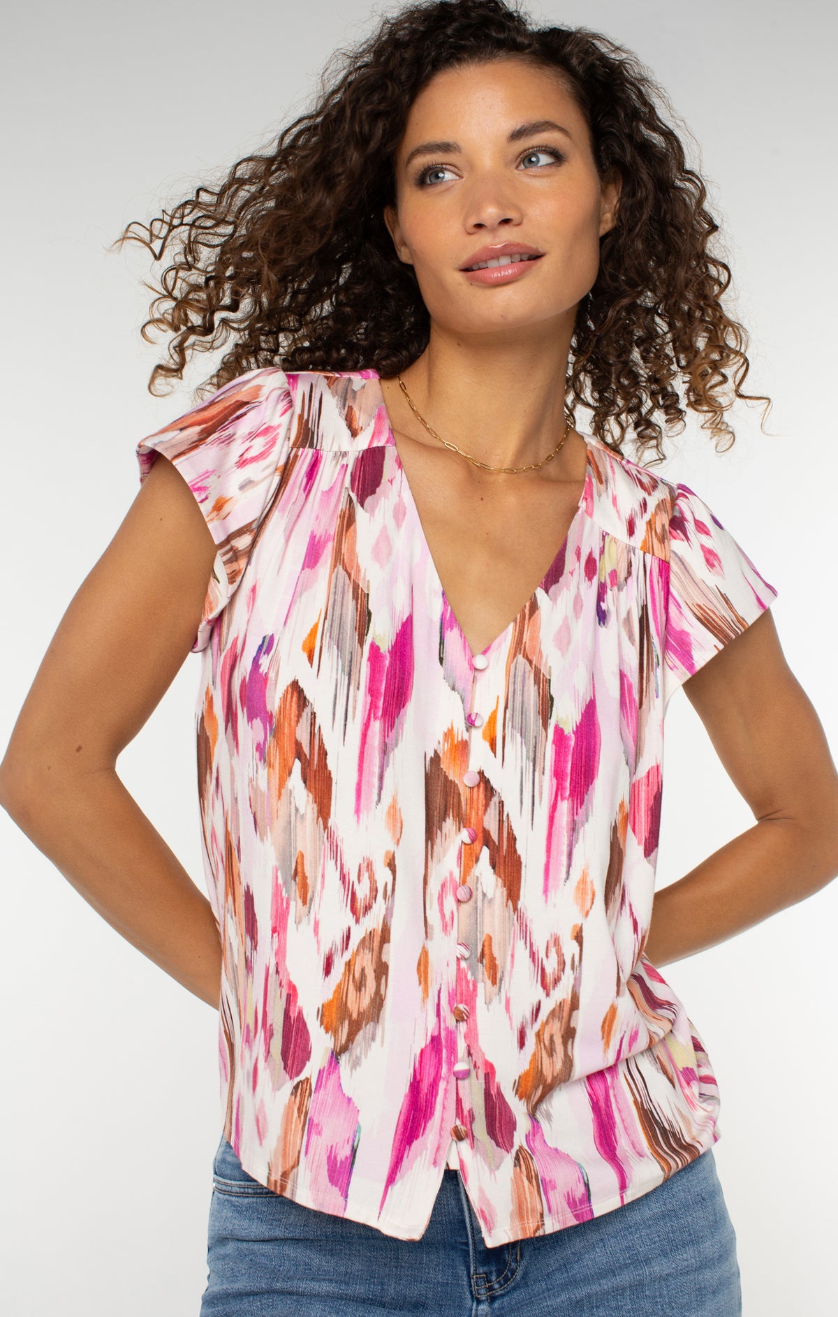 Flutter Sleeve Button Front Knit Top 25&quot; LM8H33PK1P51