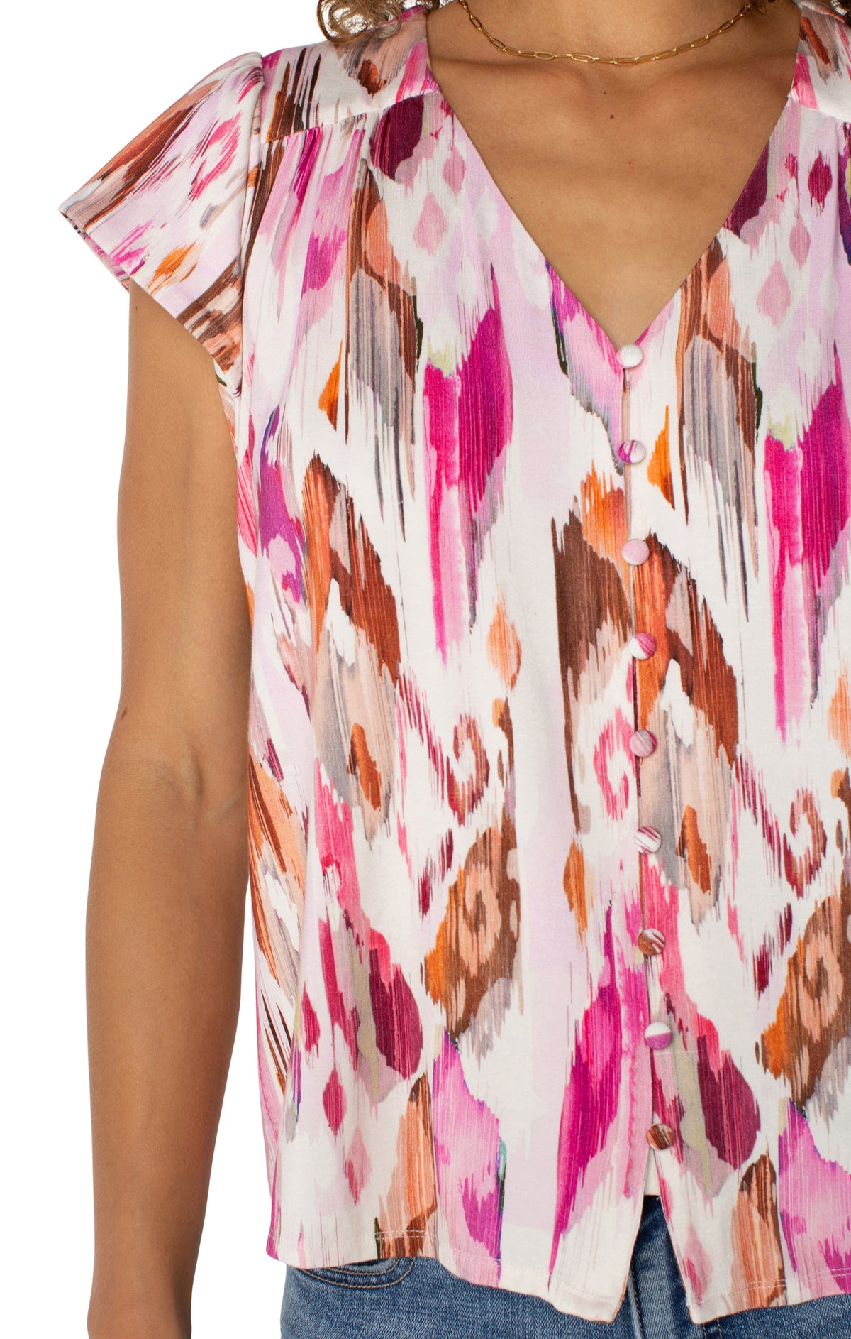 Flutter Sleeve Button Front Knit Top 25&quot; LM8H33PK1P51