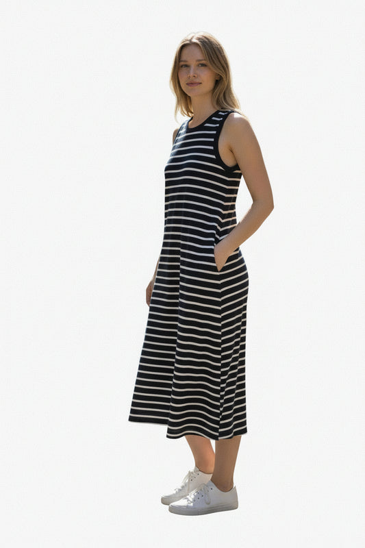 Scuba Sleeveless Striped Yarn Dye Dress C3246