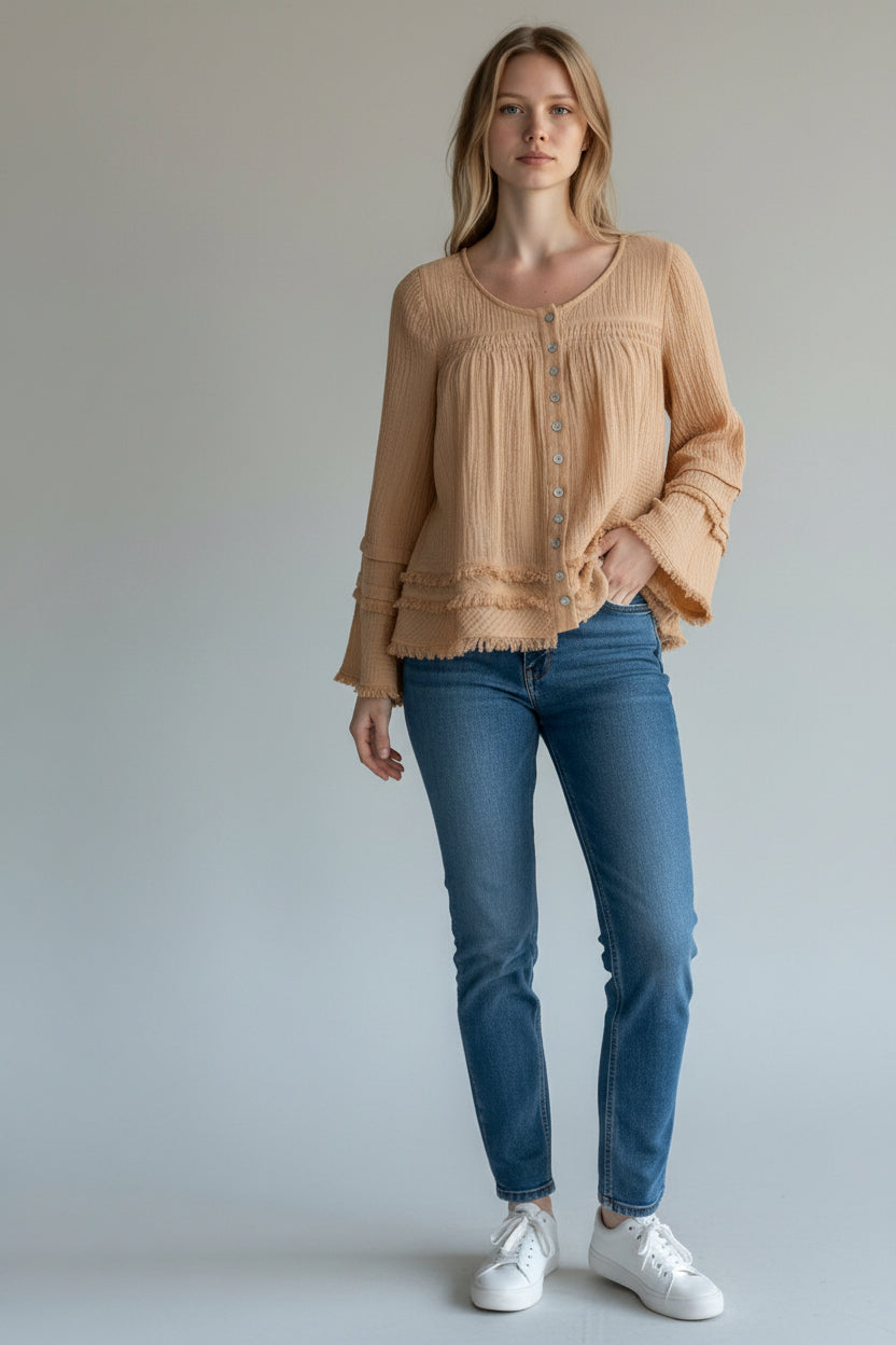 Tiered A-Line Blouse W/Smocking & Raw Edge 6165O