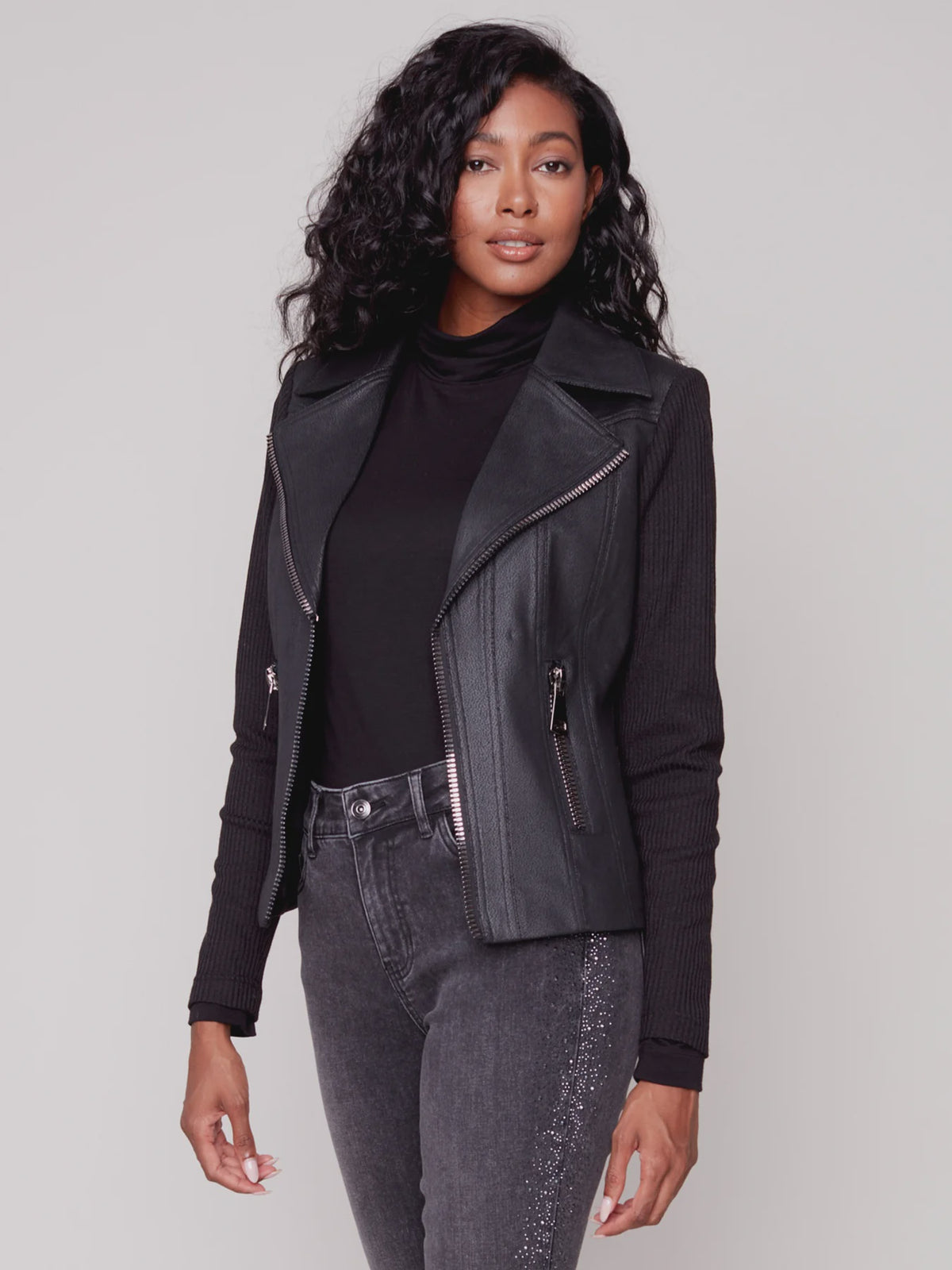 Vintage Faux Leather/Rib Knit Combo Jacket
