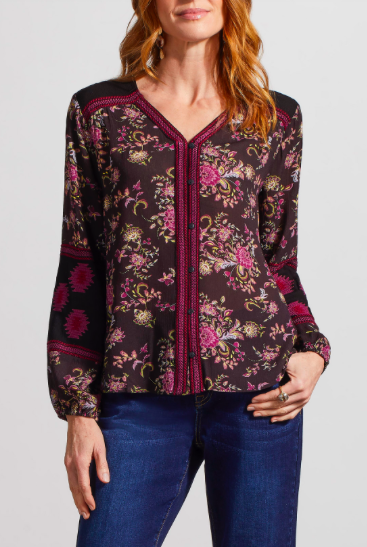 Button Front Blouse W/Embroidery