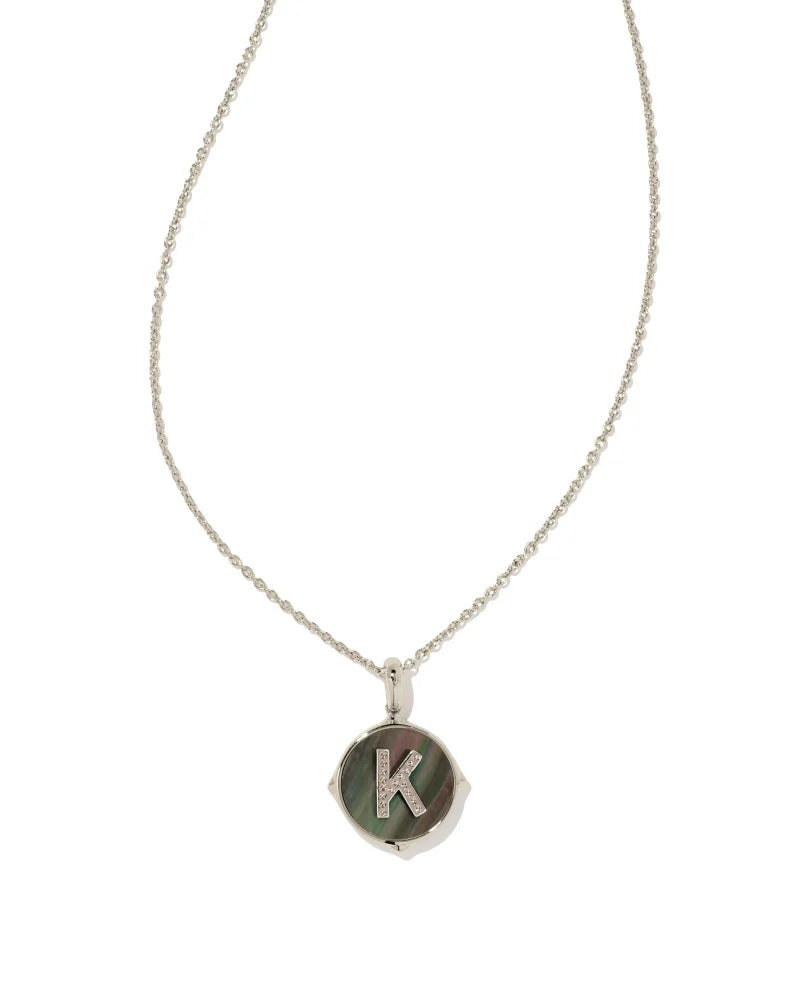 Letter K Disk Pendant Necklace Rhodium